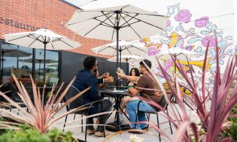 four friends sitting on outdoor patio toasting drink