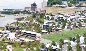 A split image of aerial shots of both the SmokeSlam on the Mississippi River and the World Championship Barbecue Contest at Liberty Park.